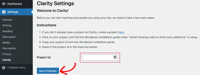 Geben Sie Ihre Microsoft Clarity-Projekt-ID ein Enter Your Microsoft Clarity Project ID