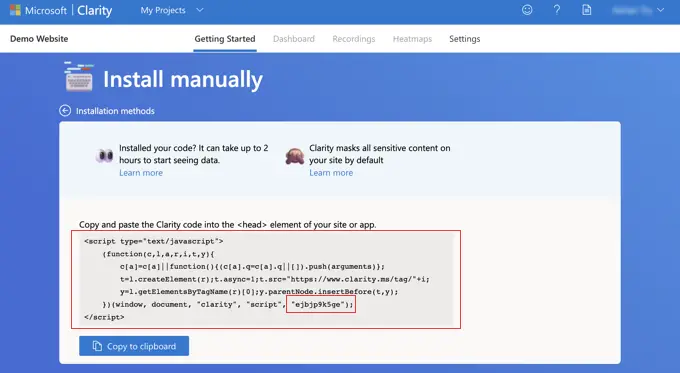 Kopieren des Clarity-Tracking-Codes Copying the Clarity tracking code