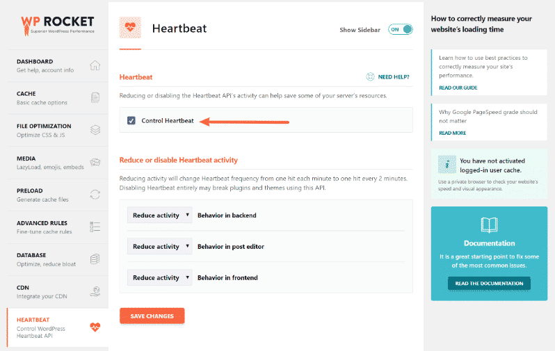 control heartbeat using wp rocket