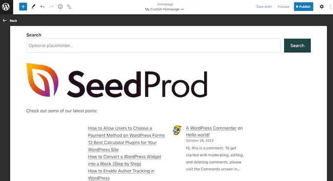 FSE を使用して作成されたカスタム WordPress ホームページ A custom WordPress home page created using the FSE