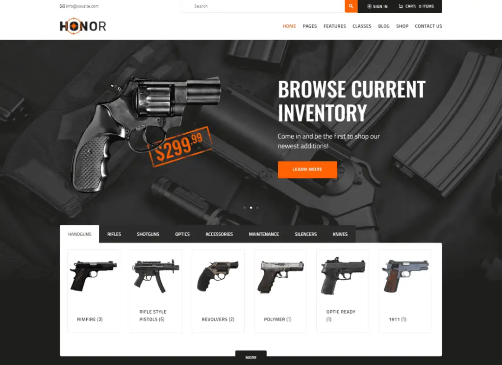 Honor - 多目的シューティング クラブと武器ストアの WordPress テーマ
