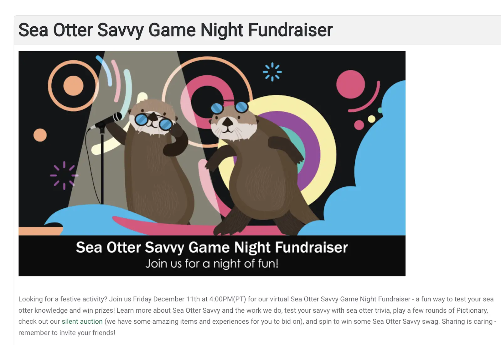 праздничный сбор средств, Sea Otter Savvy проводит виртуальную вечернюю игру по сбору средств