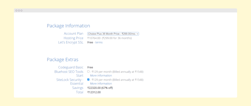 Código de cupom Bluehost India: 70% de desconto + nome de domínio grátis 13 bluehost india checkout
