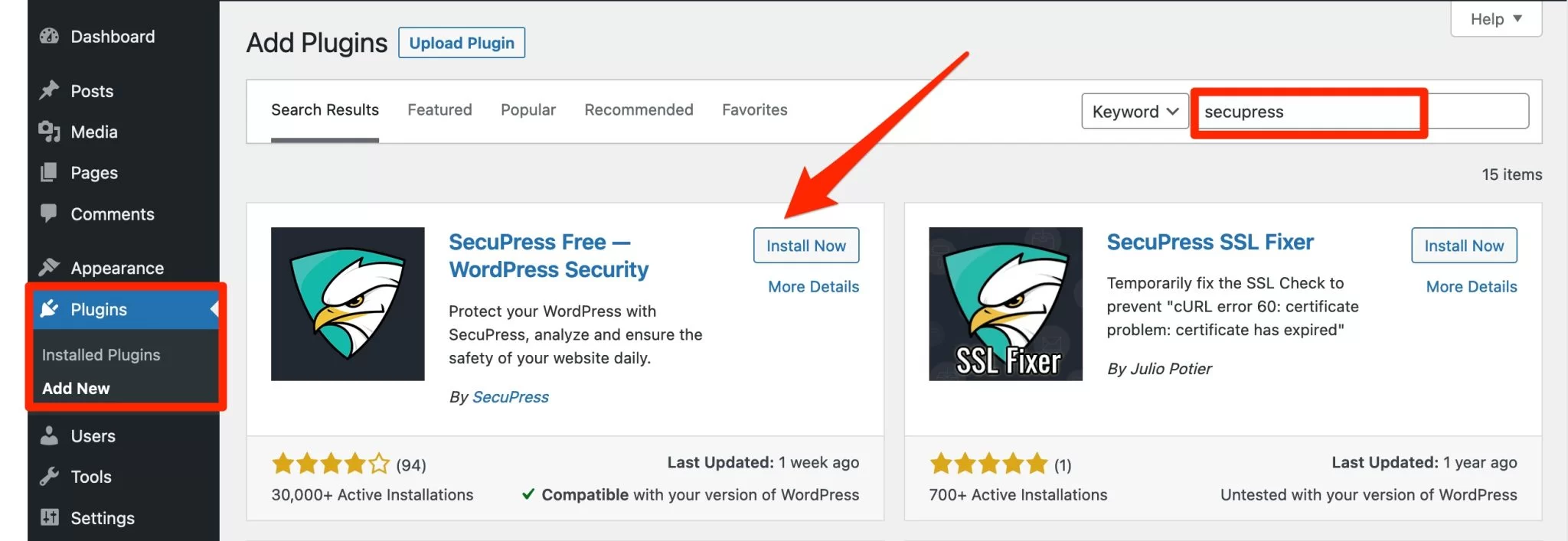 Installation de SecuPress à partir du tableau de bord WordPress.