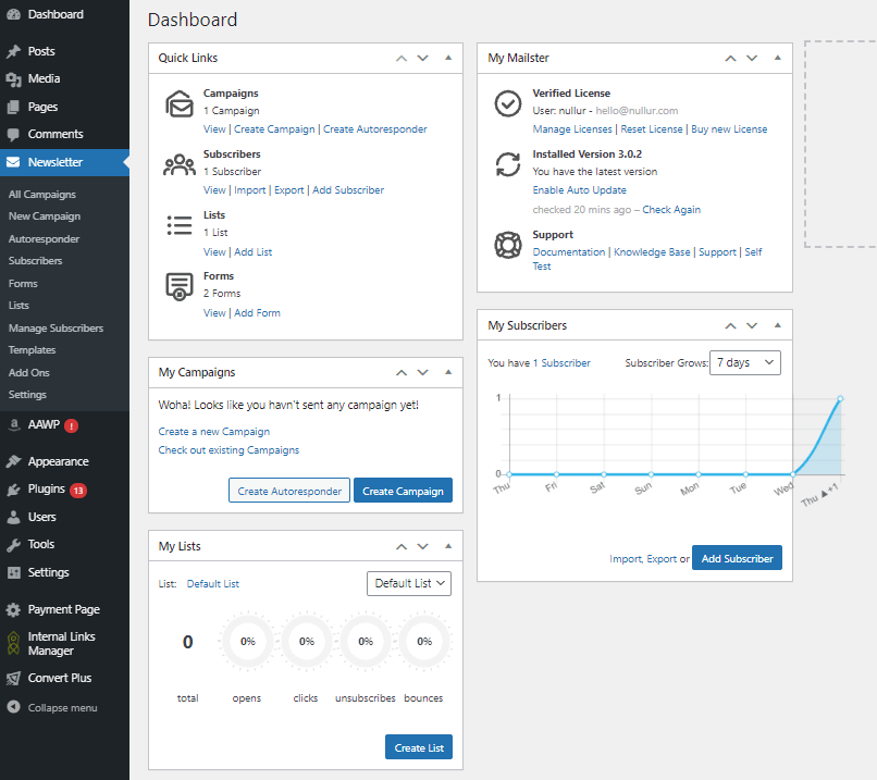 Обзор Mailster: новый способ отправки и автоматизации электронных писем для любых нужд 2 Mailster plugin dashboard