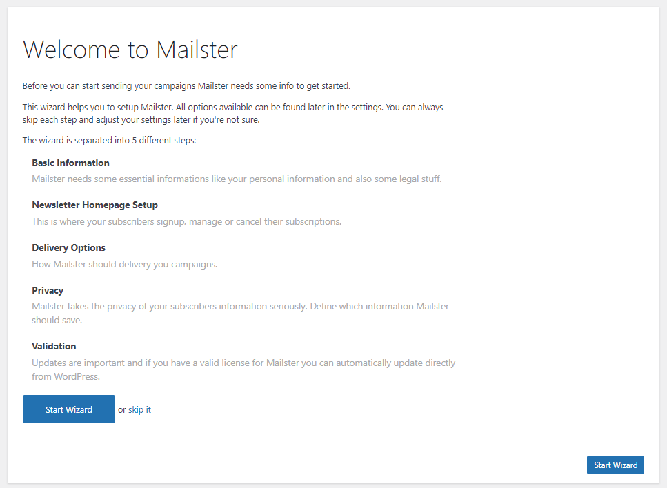 Обзор Mailster: новый способ отправки и автоматизации электронных писем для любых нужд 1 Mailster setup wizard