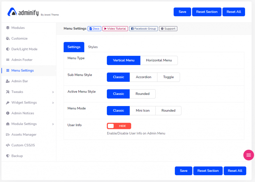 adminify floating menu setting