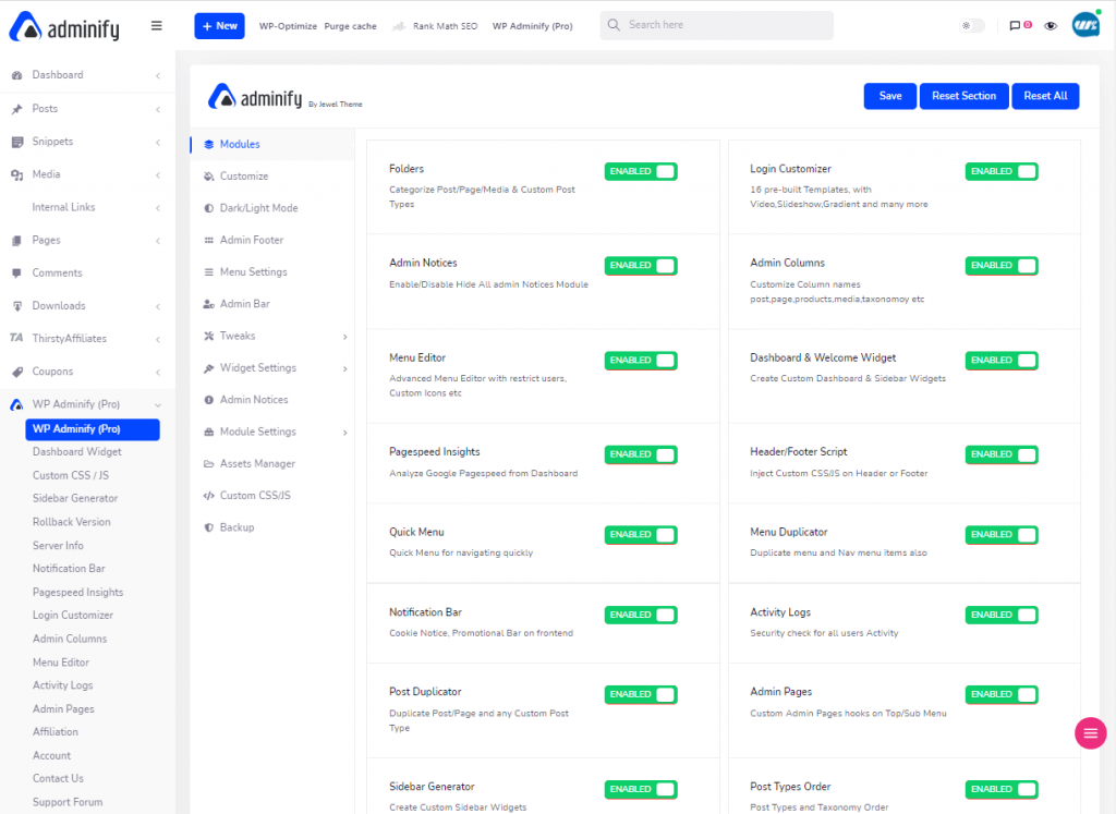 Adminify setting dashboard