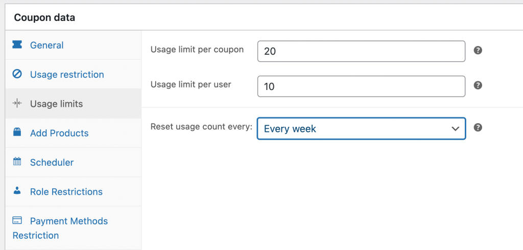 クーポン データ 3 - 高度なクーポン The Usage limits tab in Advanced Coupons.