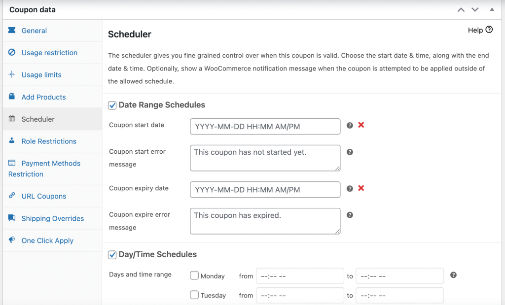 クーポン データ 2 - 高度なクーポン Checking the Date Range Schedules box.