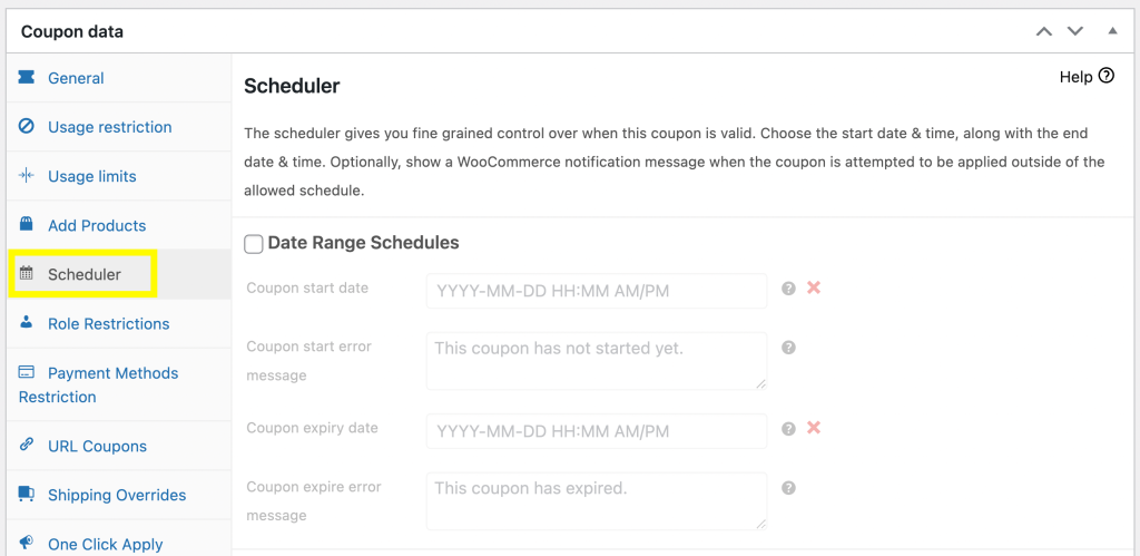 スケジューラ - 高度なクーポン The Scheduler tab in Coupon data.