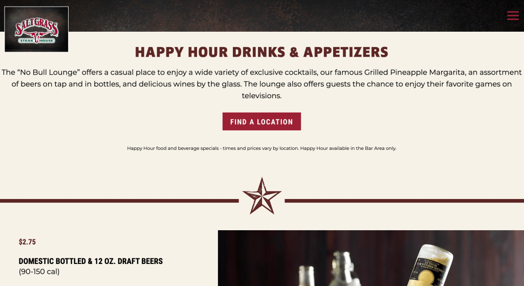 ハッピーアワー - 高度なクーポン The Saltgrass happy hour sale menu.
