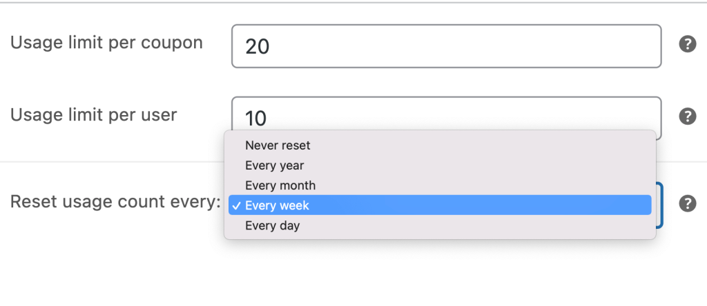 ドロップダウン - 高度なクーポン Selecting the reset usage count in the dropdown menu.
