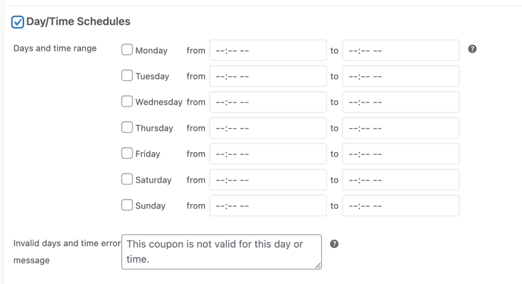 day-time-1 - 高度なクーポン The Day/Time Schedules in the Advanced Coupon tab.