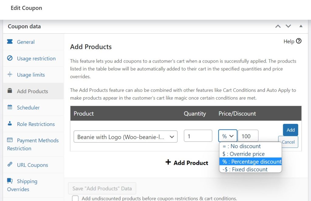 kostenloses Produkt - Erweiterte Gutscheine Discounting products