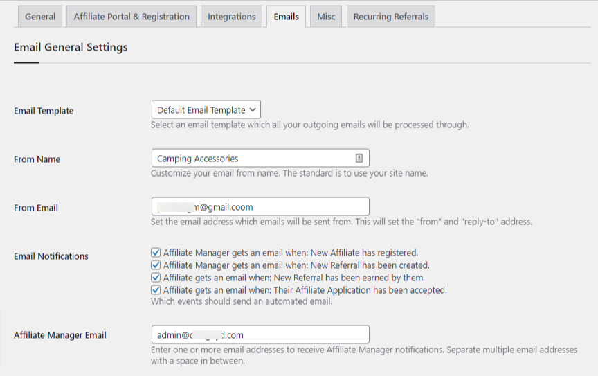 Solid affiliate email setting