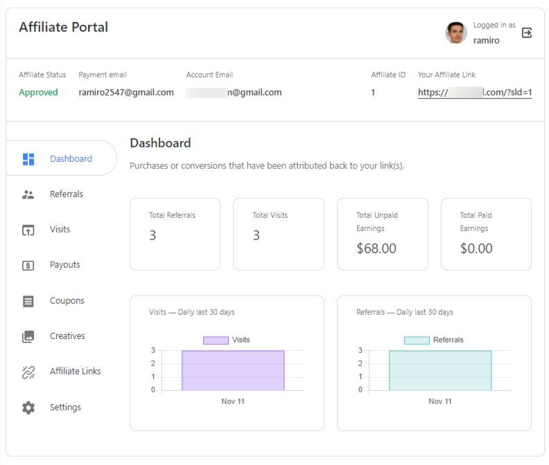 Affiliates dashboard