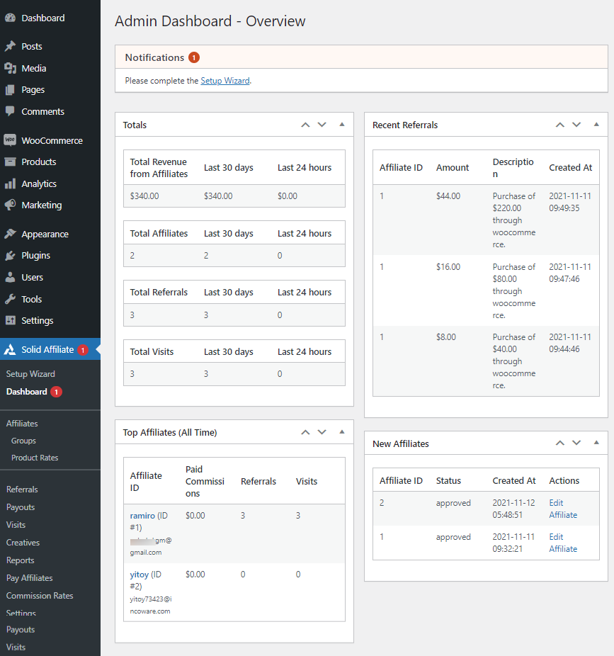 Solid affiliate admin dashboard