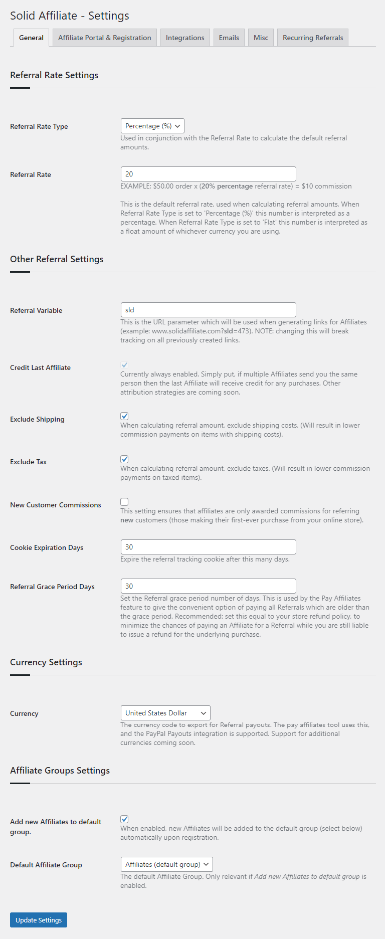 Solid affiliate settings