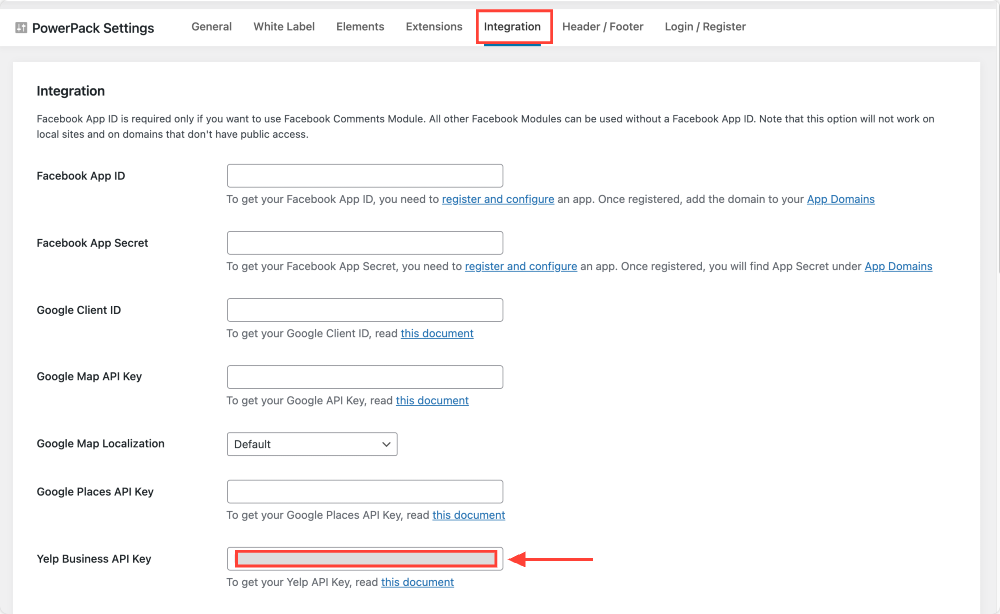 rekatkan yelp api ke pengaturan elemen powerpack