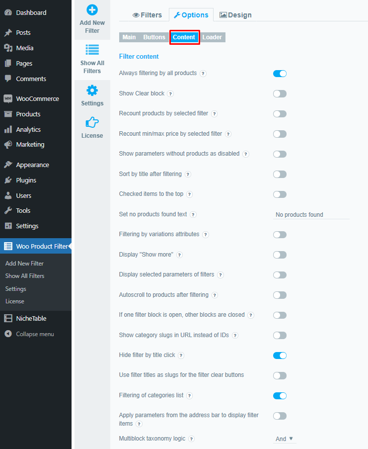 content tab under option