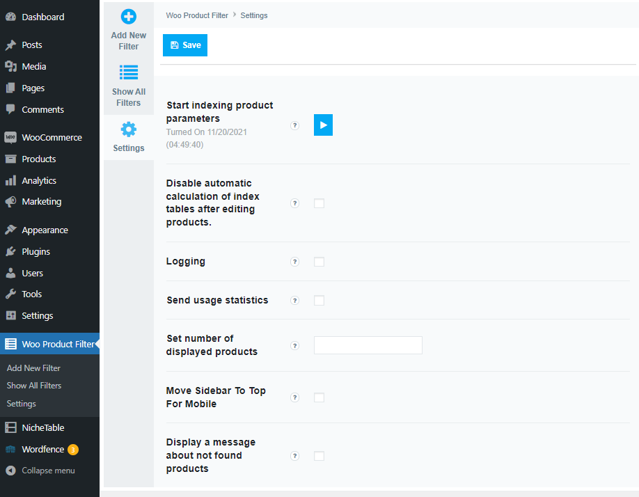 Woo product filter settings