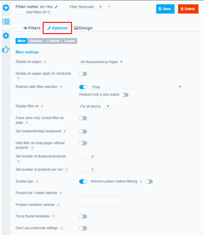 Filter options tab of Woo Filter plugin