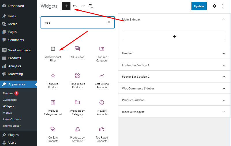 Add woo filter widget in the theme sidebar
