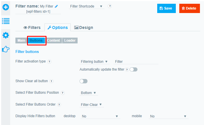 Option button tab of WooCommerce Product Filter Plugin