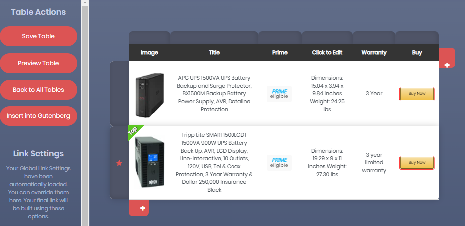 Amalinkspro table builder option
