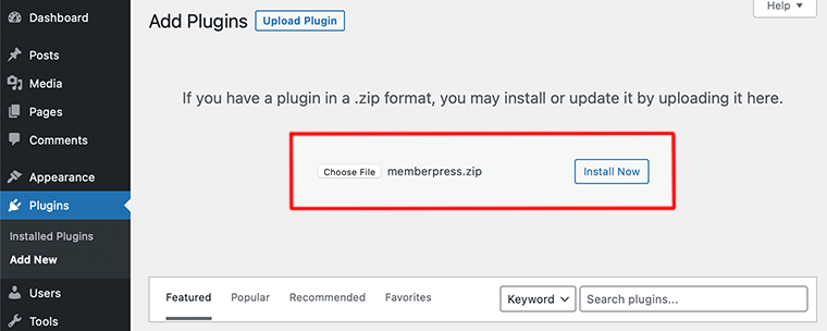 Télécharger le fichier Zip MemberPress sur le tableau de bord
