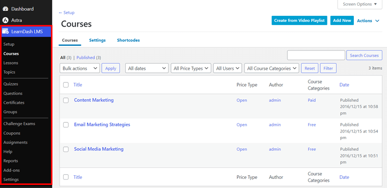 Interface utilisateur LearnDash - MemberPress Comparer