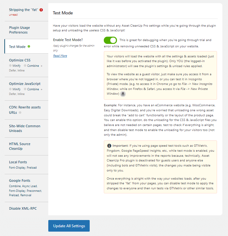 Asset cleanup test mode