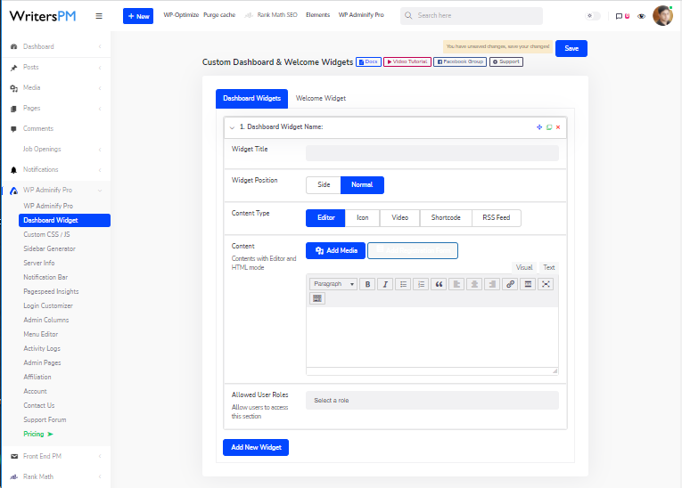 Custom dashboard widgets setting using Adminify plugin