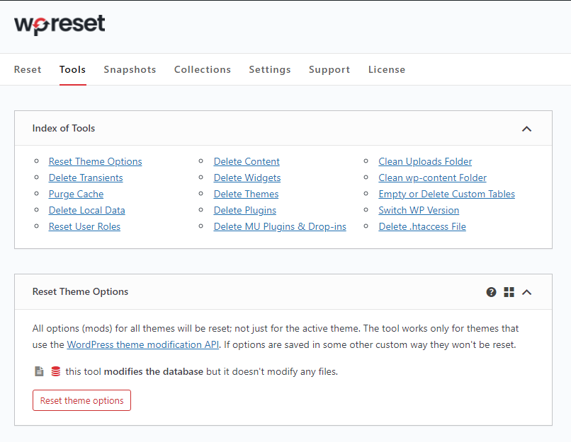 wp reset tools tab
