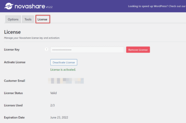 Novashare license activation