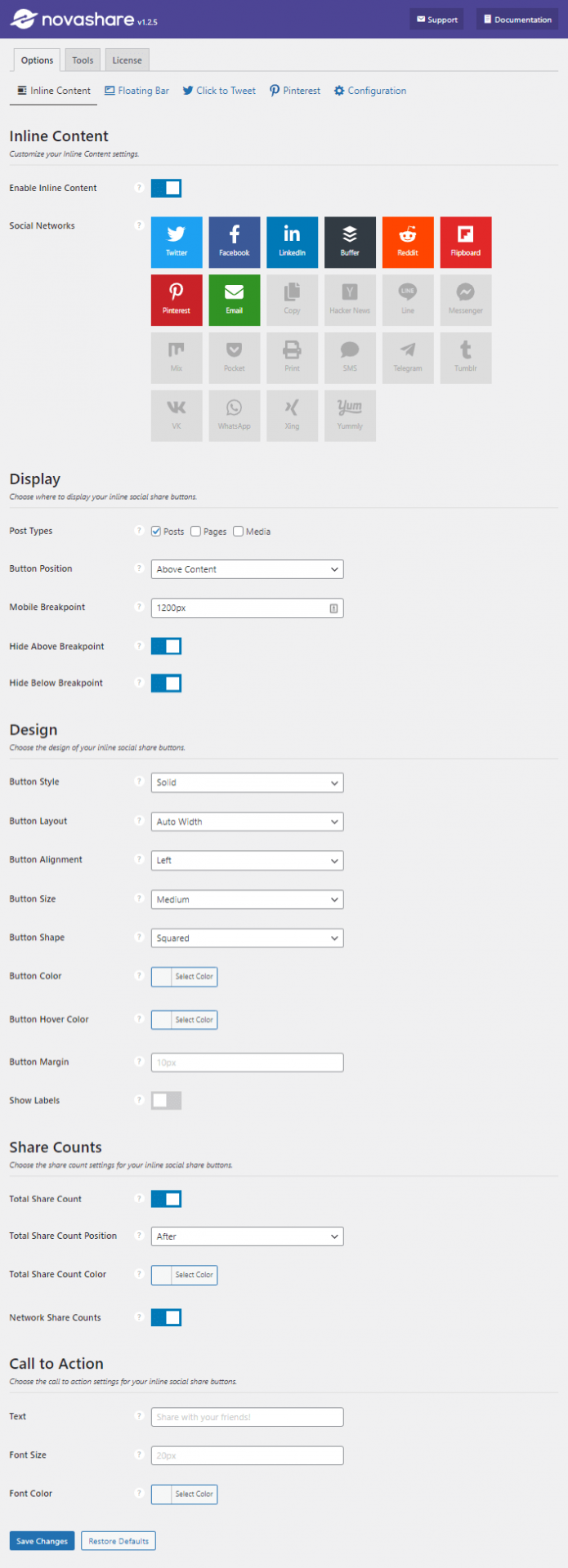 Novashare inline content setting