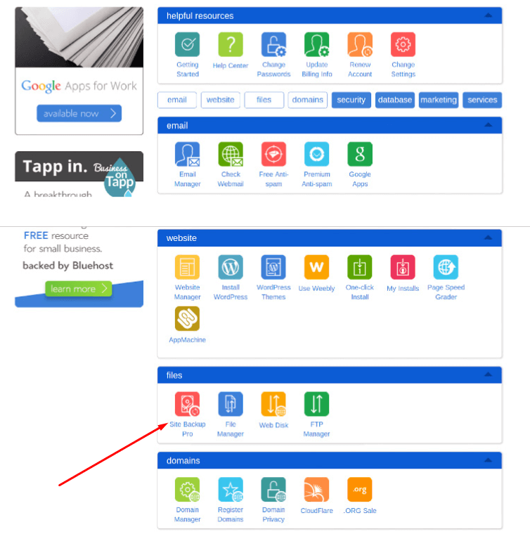 Bluehost site backup feature