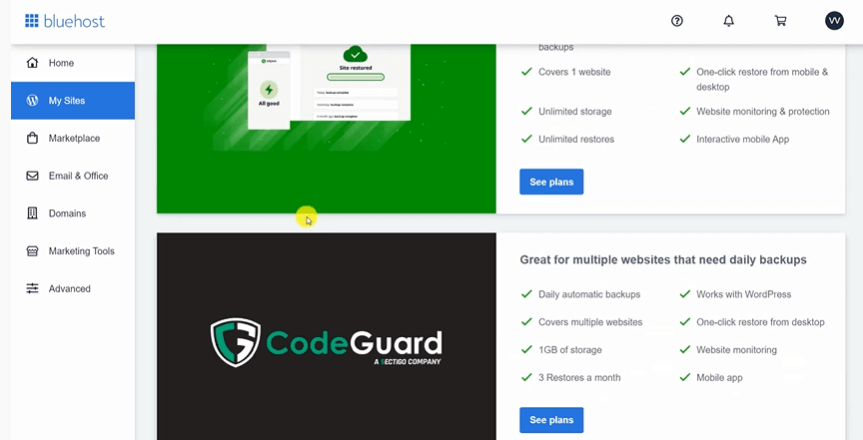 CodeGuard in Bluehost
