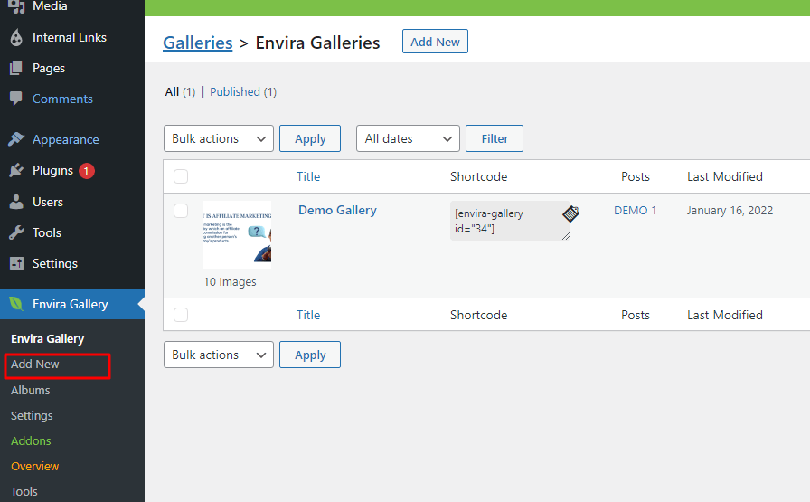 envira gallery add new option