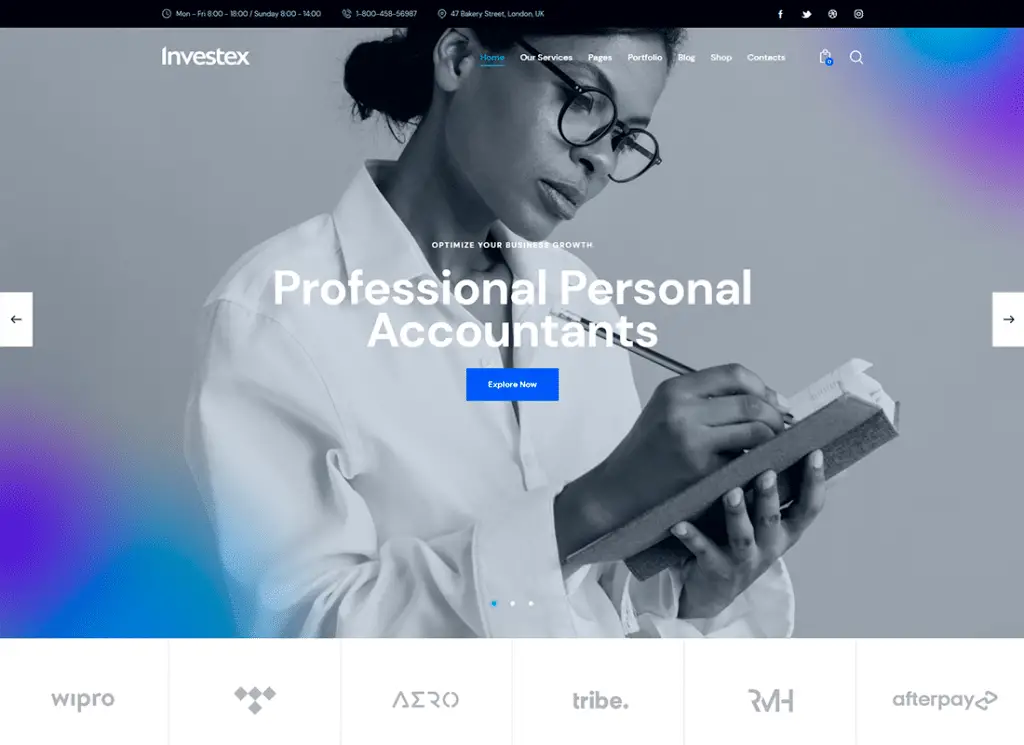Investex ist eine weitere stilvolle Option, die Sie ausprobieren sollten. Es macht die Liste der WooCommerce WordPress-Themes mit einem sauberen, attraktiven Design. Idealerweise eignet sich Investex am besten für Geschäfts- und Unternehmenswebsites. Hier finden Sie alles, was Sie brauchen, um Ihre Unternehmensberatungsmarke wie ein Profi zu präsentieren. Sie können es auch verwenden, um eine Website für den persönlichen Gebrauch, Anwälte oder Steuerberater zu erstellen. Wenn Sie es überprüfen, sehen Sie mehrere Optionen, die die Anpassung zu einem Kinderspiel machen. Das Template ist mit Elementor ausgestattet. Dies ist ein leistungsstarkes Tool zum Erstellen von Seitenlayouts, ohne den Code zu umgehen. Man kann mit Sicherheit sagen, dass das Thema vollständig anpassbar ist. Das bedeutet, dass Sie jedes Seitenelement im Handumdrehen ändern, ändern und modifizieren können. Darüber hinaus haben Sie eine Sammlung benutzerdefinierter Shortcodes, um Ihre Fähigkeiten zu demonstrieren. Erstellen Sie eine schöne Slider-Präsentation, um die Öffentlichkeit anzulocken. Premium-Plugins sind ebenfalls Teil des Pakets. Investex arbeitet mit Contact Form 7, GDPR Compliance und MailChimp-Plugins. So erhöhen Sie die Funktionalität Ihrer Website und bieten Ihren Kunden etwas mehr als gewohnt.