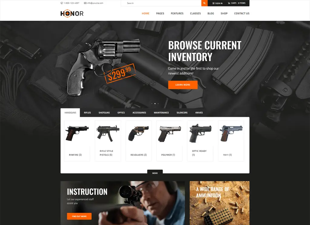 Ehre | Mehrzweck-Schießclub & Waffenladen WordPress Theme + Elementor