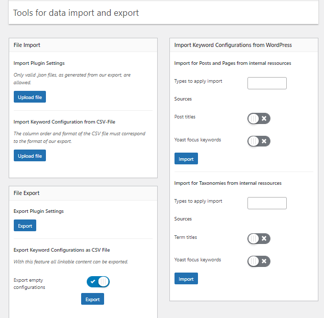 Internal link juicer import and export