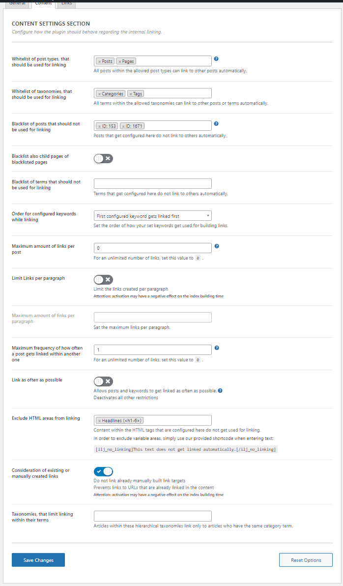 Internal link juicer link content tab