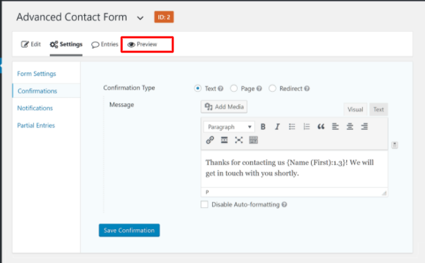 Gravity forms preview