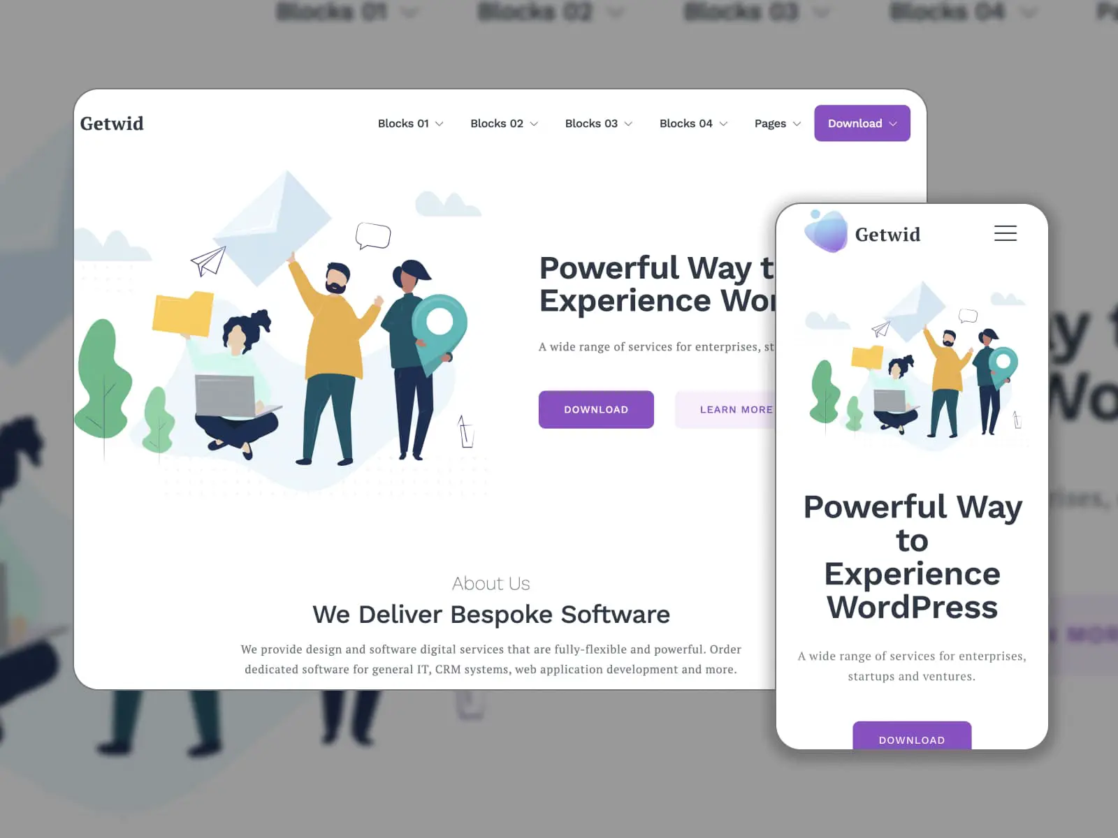 Kolase halaman demo tema gratis Getwid Base untuk situs web WordPress.
