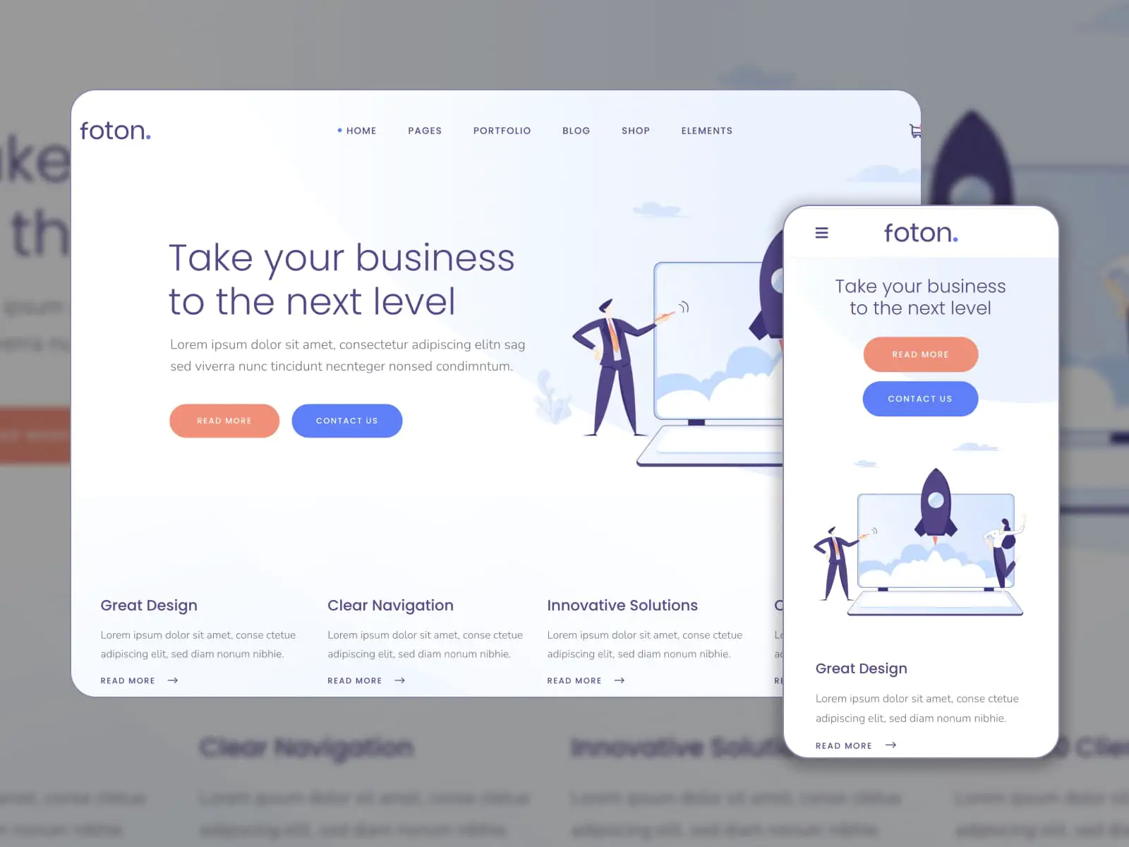 Kolase situs web demo tema halaman arahan Aplikasi Foton dalam warna terang.