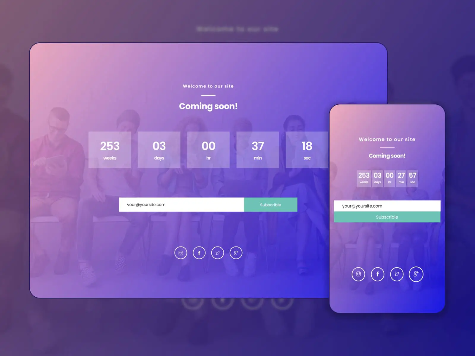 Kolase demo tema Navian untuk situs web segera hadir dengan formulir hitung mundur dan berlangganan dalam warna gradien ungu.