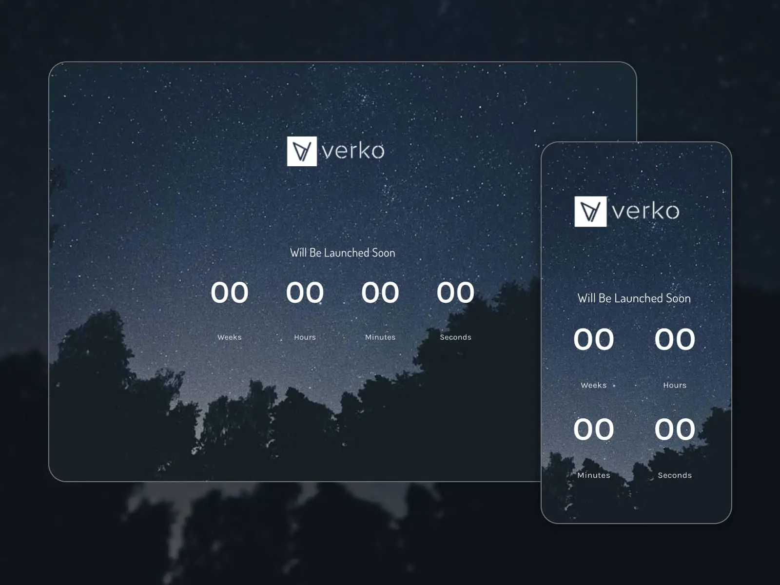 Kolase dari Verko WordPress segera hadir halaman demo tema dengan hitungan mundur di latar belakang gelap.