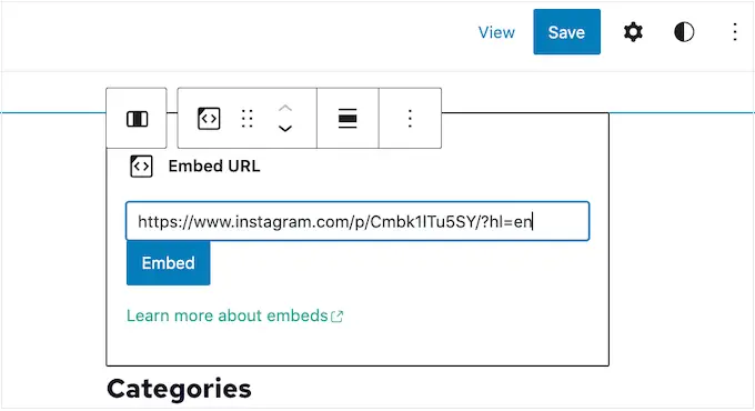 Embed bloğunu kullanarak bir Instagram akışı ekleme Adding an Instagram feed using an Embed block